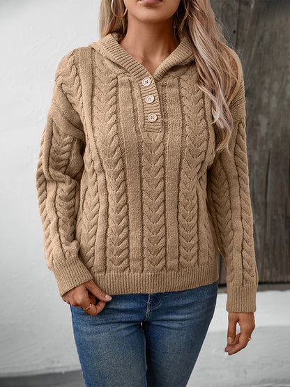 Hooded Long Sleeves Buttoned Solid Color Split-Joint Sweater Tops