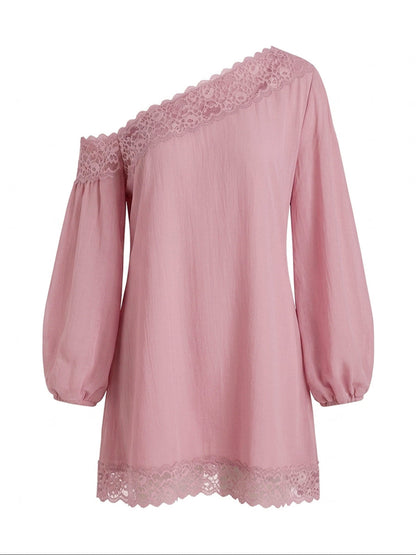 Long Sleeves Loose Solid Color Split-Joint One-shoulder Mini Dresses