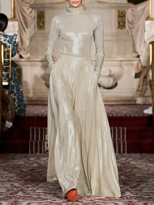 Long Sleeves Shiny Solid Color High Neck T-Shirts Tops