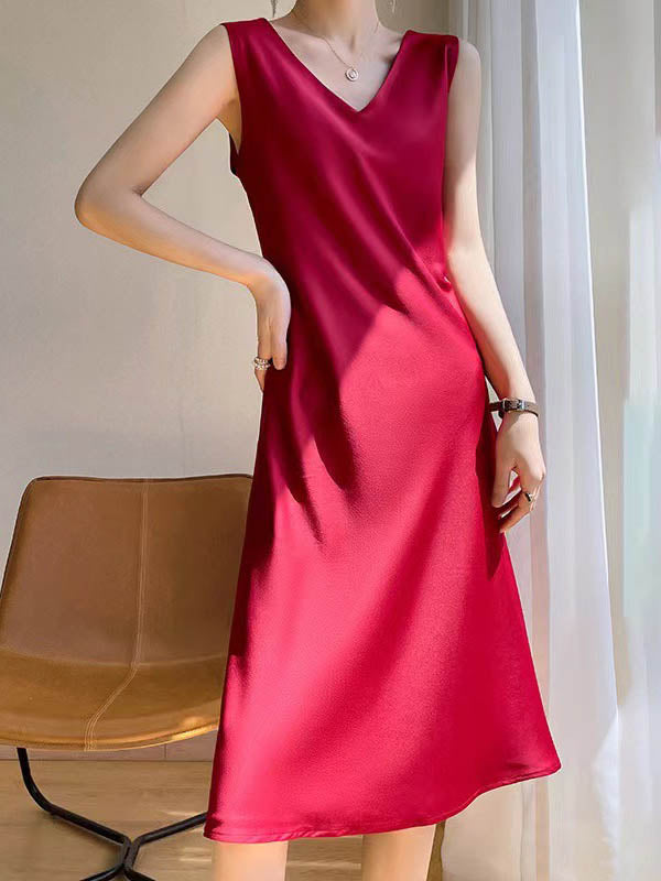 A-Line Loose Solid Color V-Neck Midi Dresses
