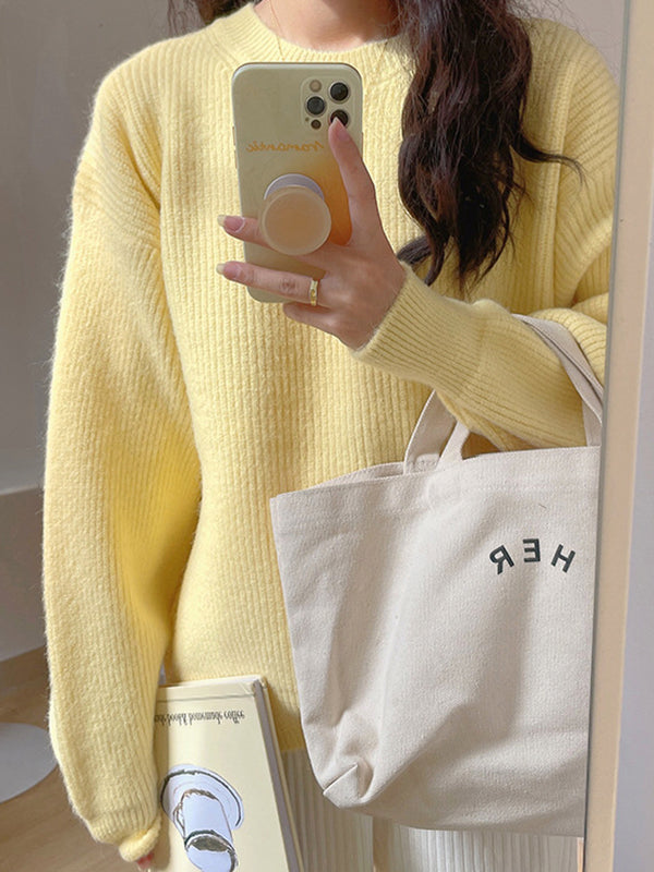 Long Sleeves Loose Solid Color Round-Neck Pullovers Sweater Tops