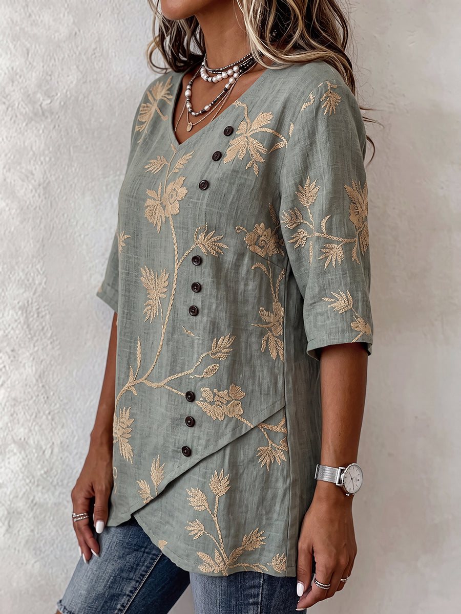 Half Sleeves Loose Asymmetric Buttoned Flower Print Split-Joint V-Neck T-Shirts Tops