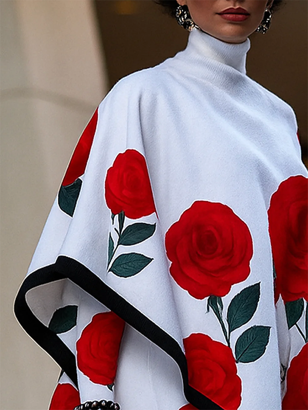 Long Sleeves Loose Flower Print High Neck 1 Piece Cape