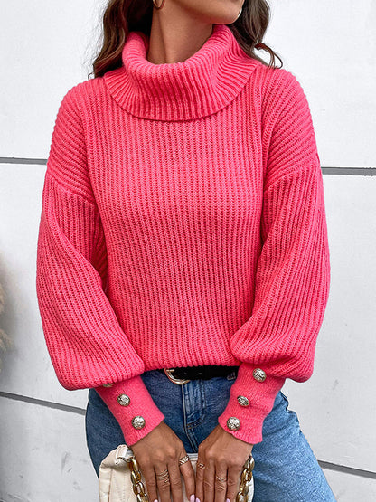 Long Sleeves Loose Buttoned Solid Color Split-Joint High Neck Pullovers Sweater Tops