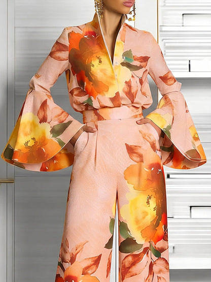 Pleated Flower Print Contrast Color Long Sleeves Flared Sleeves V-neck Blouses&shirts Tops