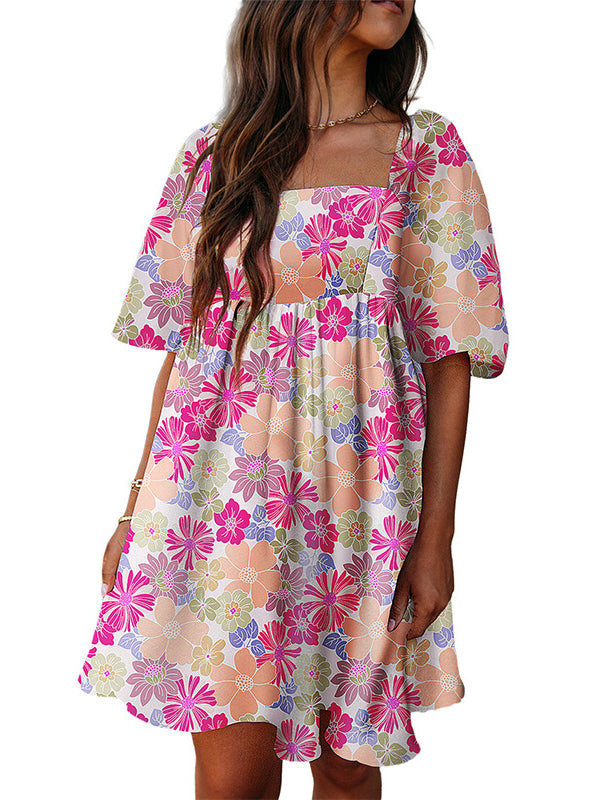 A-Line High Waisted Elasticity Flower Print Pleated Split-Joint Zipper Square-Neck Mini Dresses