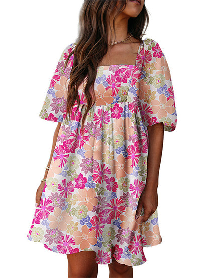 A-Line High Waisted Elasticity Flower Print Pleated Split-Joint Zipper Square-Neck Mini Dresses