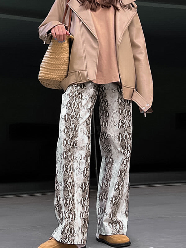 High Waisted Loose Elasticity Pockets Snakeskin Printed Pants Trousers