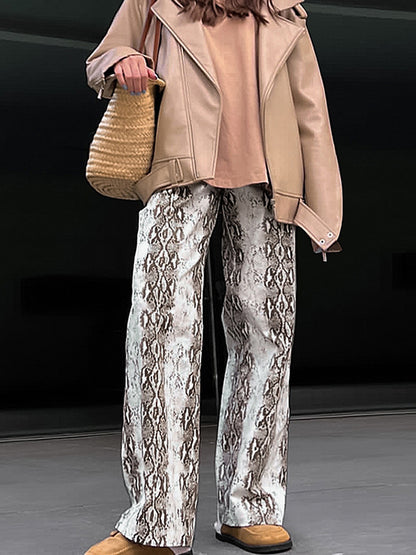 High Waisted Loose Elasticity Pockets Snakeskin Printed Pants Trousers