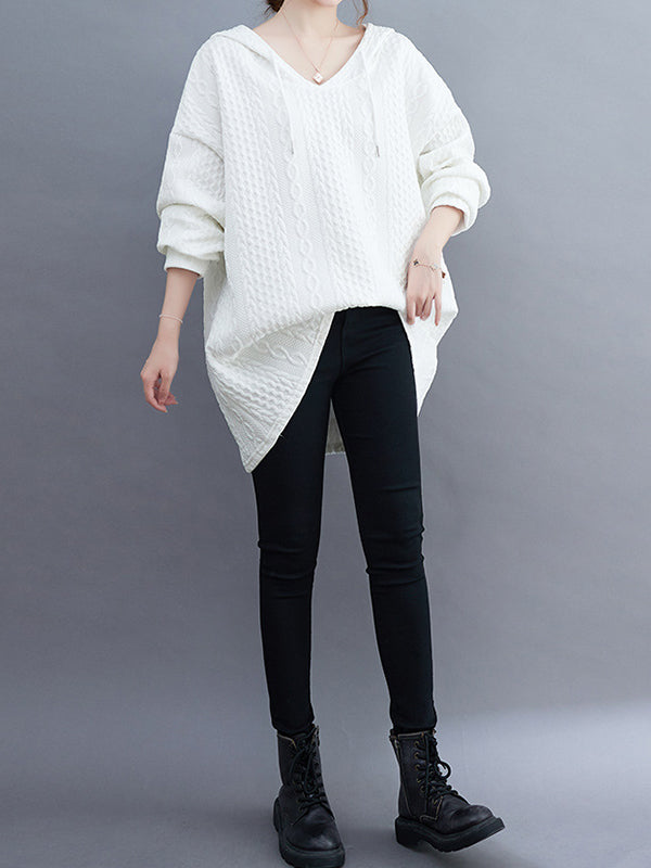 Hooded Long Sleeves Drawstring Jacquard Solid Color Split-Joint Hoodies Tops