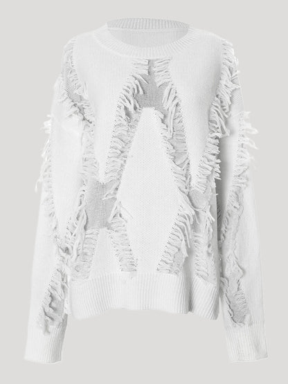Long Sleeves Loose Solid Color Tasseled Round-Neck Pullovers Sweater Tops