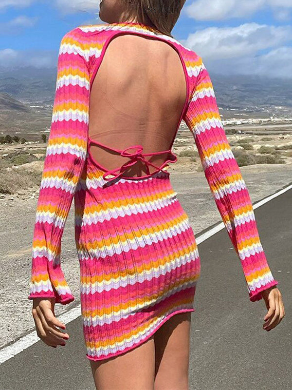 Long Sleeves Skinny Backless Contrast Color Tied Round-Neck Mini Dresses Sweater Dresses