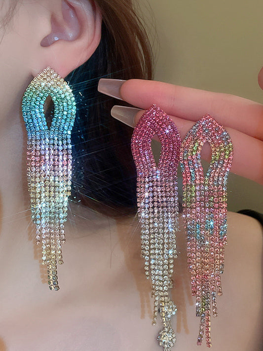 Gradient Hollow Rhine Stones Tasseled Drop Earrings