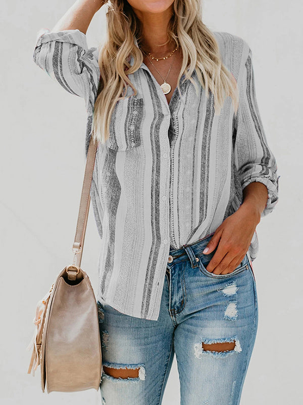 High-Low Long Sleeves Buttoned Pockets Striped Lapel Blouses&Shirts Tops