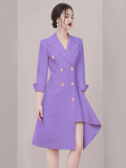 Irregularity Long Sleeves Asymmetric Buttoned Double-Breasted Solid Color Split-Joint Peaked Collar Blazer Mini Dresses