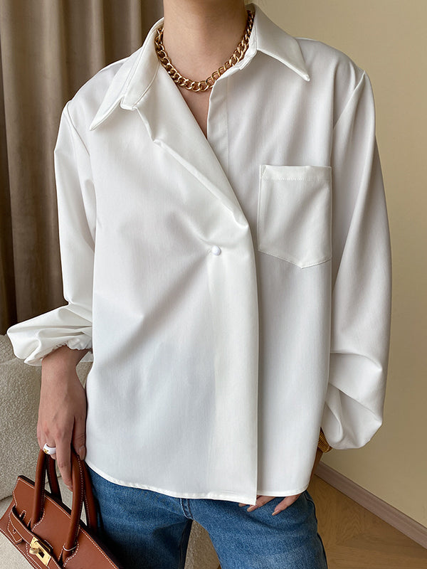 Bishop Sleeve Long Sleeves Buttoned Pockets Solid Color Split-Joint Polo Blouses&Shirts Tops