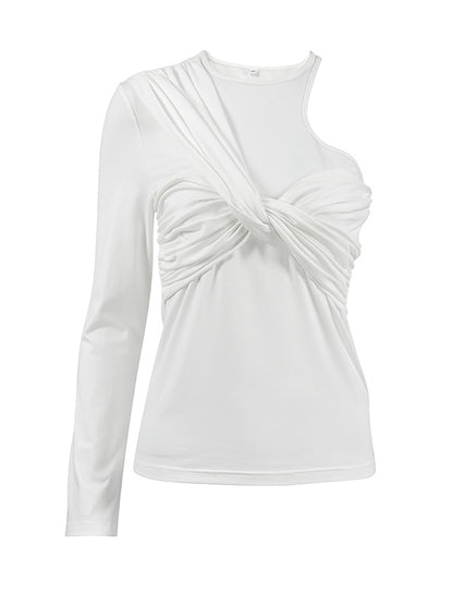 Long Sleeves Skinny Asymmetric Knot Pleated Solid Color Round-Neck T-Shirts Tops
