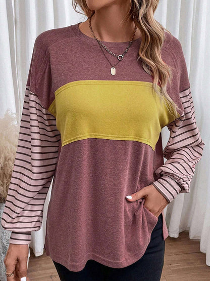 Long Sleeves Loose Contrast Color Split-Joint Striped Round-Neck Blouses&Shirts Tops
