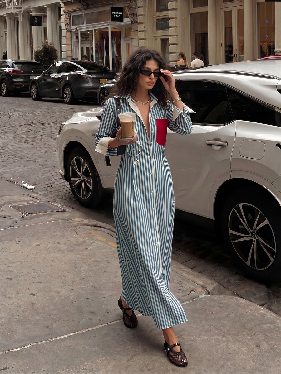 Striped Split-Joint Pockets Contrast Color Buttoned Long Sleeves High Waisted Lapel Midi Dresses