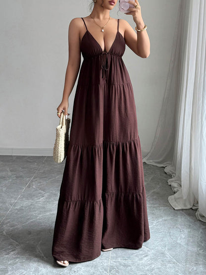 A-Line Sleeveless Backless Drawstring Pleated Solid Color Spaghetti-Neck Maxi Dresses