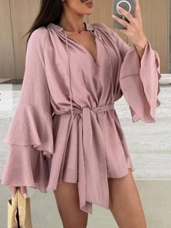 Flared Sleeves Loose Lace-Up Pleated Solid Color Split-Joint Tiered Round-Neck Mini Dresses