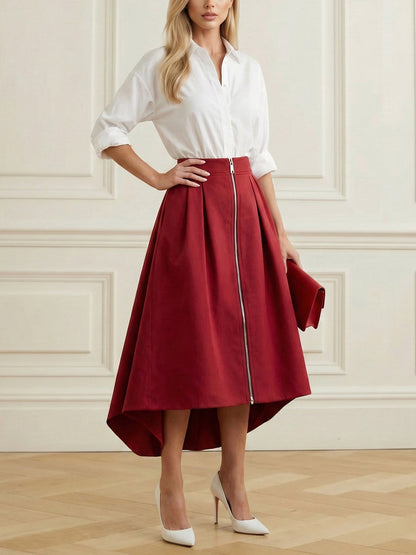 A-Line High-Low Pleated Pockets Solid Color Zipper Skirts Bottoms