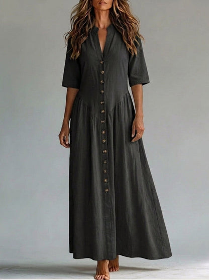 Half Sleeves Puff Sleeves Buttoned Pleated Solid Color Split-Joint Deep V-Neck Maxi Dresses
