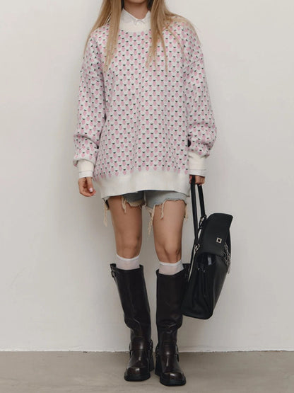 Long Sleeves Loose Pleated Split-Joint Round-Neck Sweater Tops