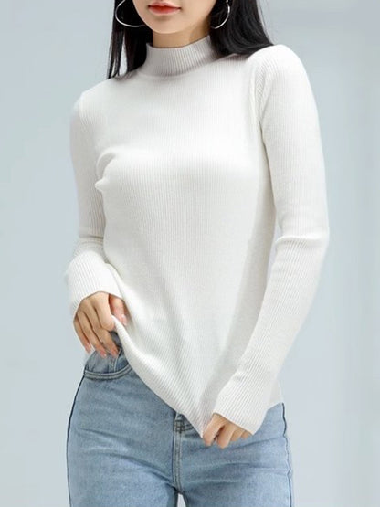 Long Sleeves Skinny Solid Color Mock Neck Knitwear Pullovers Sweater Tops