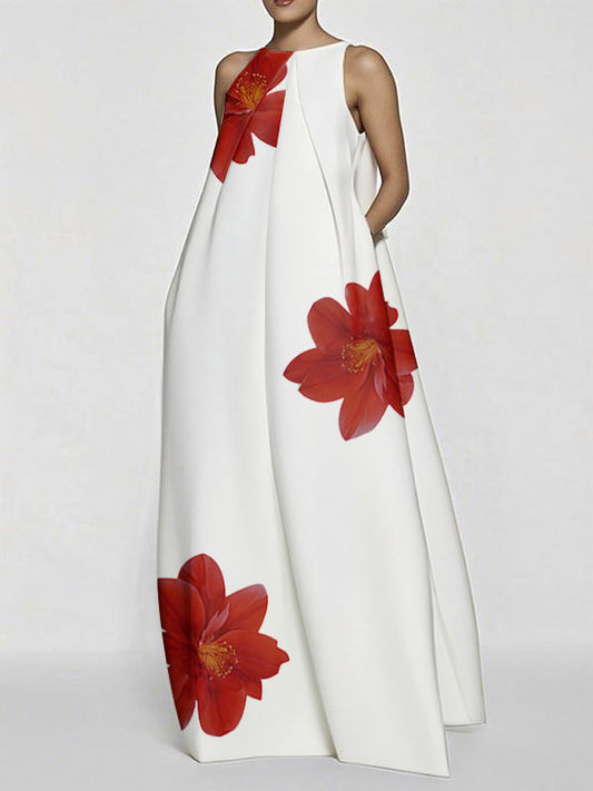 A-Line Sleeveless Asymmetric Floral Printed Split-Joint Round-Neck Maxi Dresses