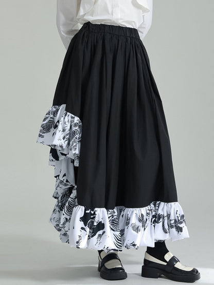 High Waisted Loose Asymmetric Elasticity Pleated Printed Ruffled Split-Joint Skirts Bottoms