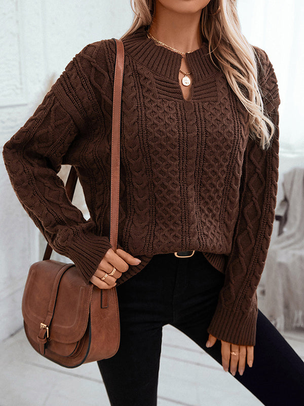 Long Sleeves Loose Solid Color Split-Joint V-Neck Pullovers Sweater Tops