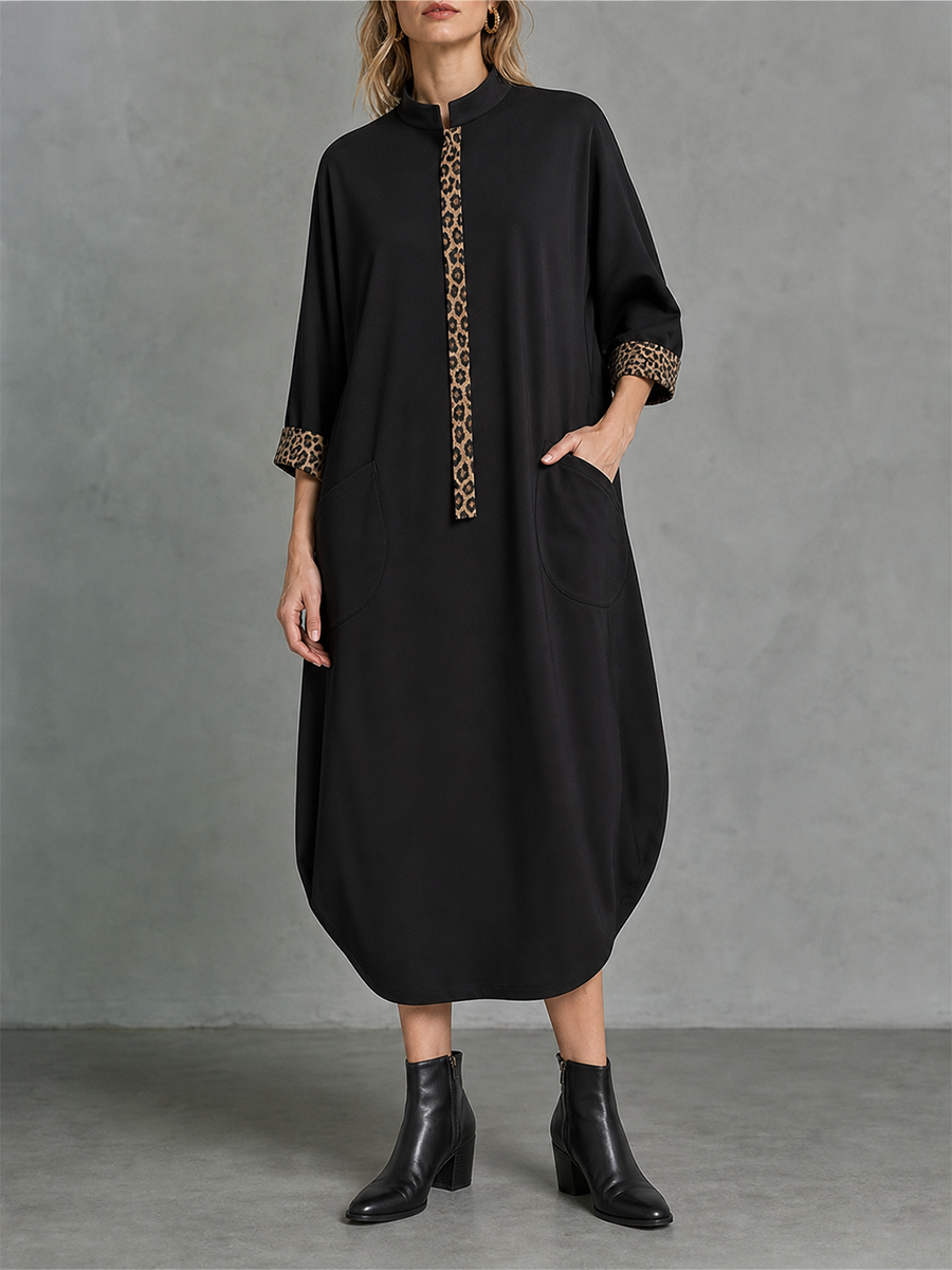 Split-Joint Pockets Leopard Three-quarter Sleeves Loose Mandarin Collar Midi Dresses