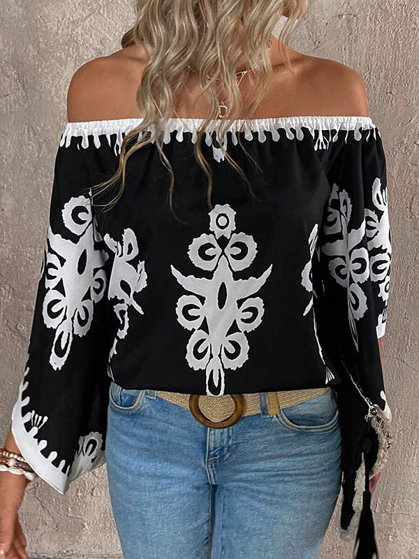Long Sleeves Loose Elasticity Printed Off-The-Shoulder Blouses&Shirts Tops