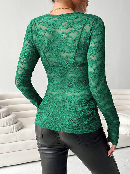 Long Sleeves Skinny See-Through Solid Color Deep V-Neck T-Shirts