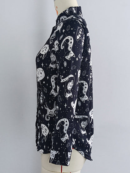 Long Sleeves Loose Animal Printed Buttoned Lapel Blouses&Shirts Tops
