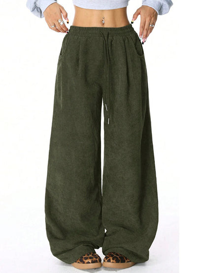 High Waisted Wide Leg Drawstring Elasticity Pockets Solid Color Pants Trousers