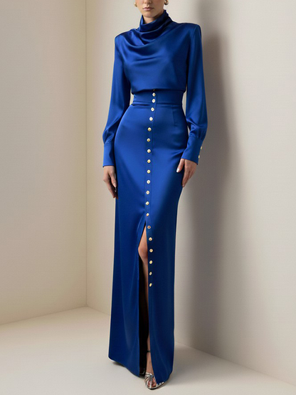 Split-Joint Heaps Collar Long Sleeves Pleated Blouses&Shirts Tops + Elasticated Waist Asymmetric Buttoned  Contrast Color Split-Side Zipper Skirts Bottoms Two Pieces Set