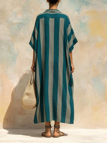 Half Sleeves Loose Buttoned Contrast Color Pockets Striped Lapel Maxi Dresses