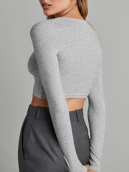Long Sleeves Skinny Buttoned Solid Color Round-Neck Cardigan Tops