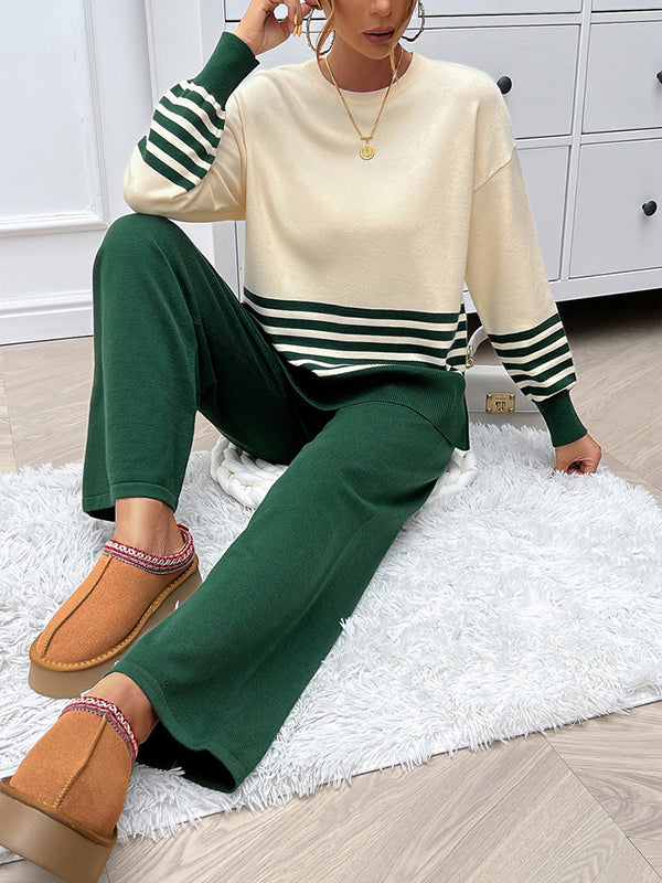 Long Sleeves Loose Contrast Color Split-Side Striped Round-Neck Sweater Top + Pants Bottom Two Pieces Set