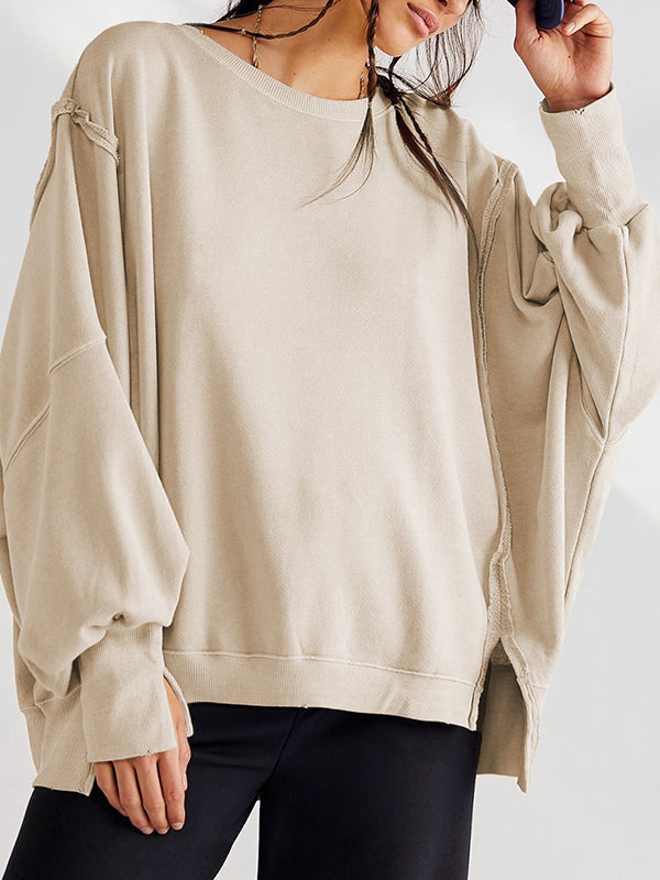 Long Sleeves Loose Fringed Solid Color Split-Joint Split-Side Round-Neck Sweatershirt