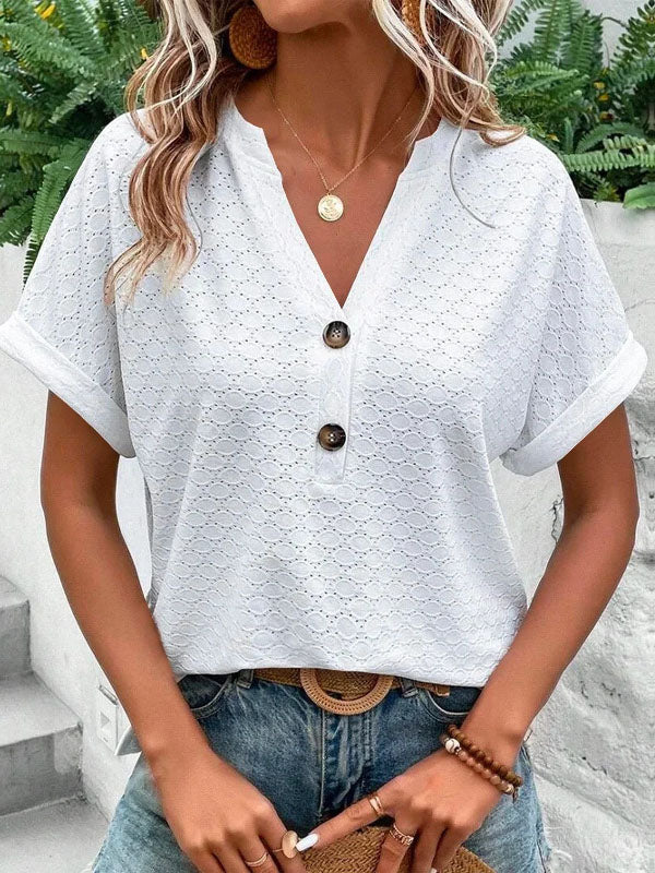 Loose Plus Size Buttoned Jacquard Split-Joint V-Neck T-Shirts Tops