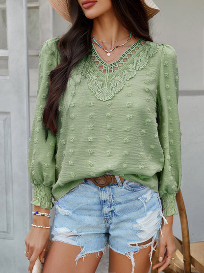 Long Sleeves Loose Elasticity Hollow Jacquard Solid Color V-Neck Blouses&Shirts Tops
