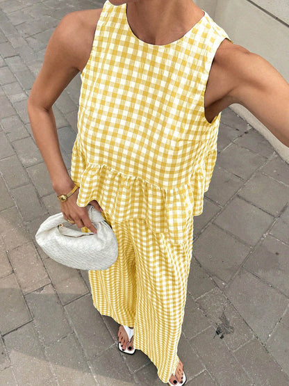 A-Line Loose Plaid Pleated Split-Joint Round-Neck Vest Top + Pants Bottom Suits