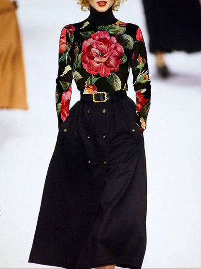 Long Sleeves Floral Printed Split-Joint High Neck T-Shirts
