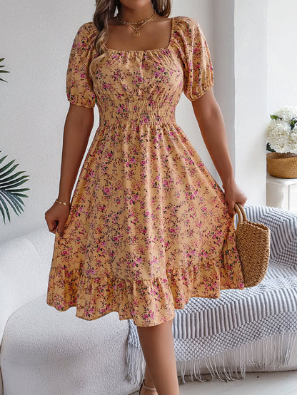 A-Line Short Sleeves Contrast Color Elasticity Flower Print Ruffle Trim Split-Joint Square-Neck Midi Dresses