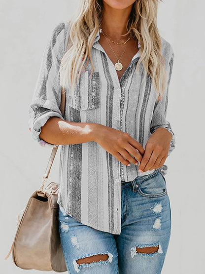High-Low Long Sleeves Buttoned Pockets Striped Lapel Blouses&Shirts Tops