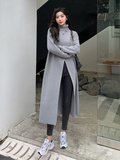 Stylish Long Sleeves Split-Front Solid Color High-Neck Sweater Tops