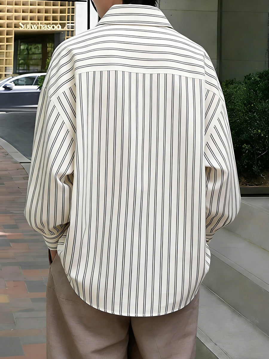 Long Sleeves Loose Buttoned Contrast Color Striped Lapel Blouses&Shirts Tops